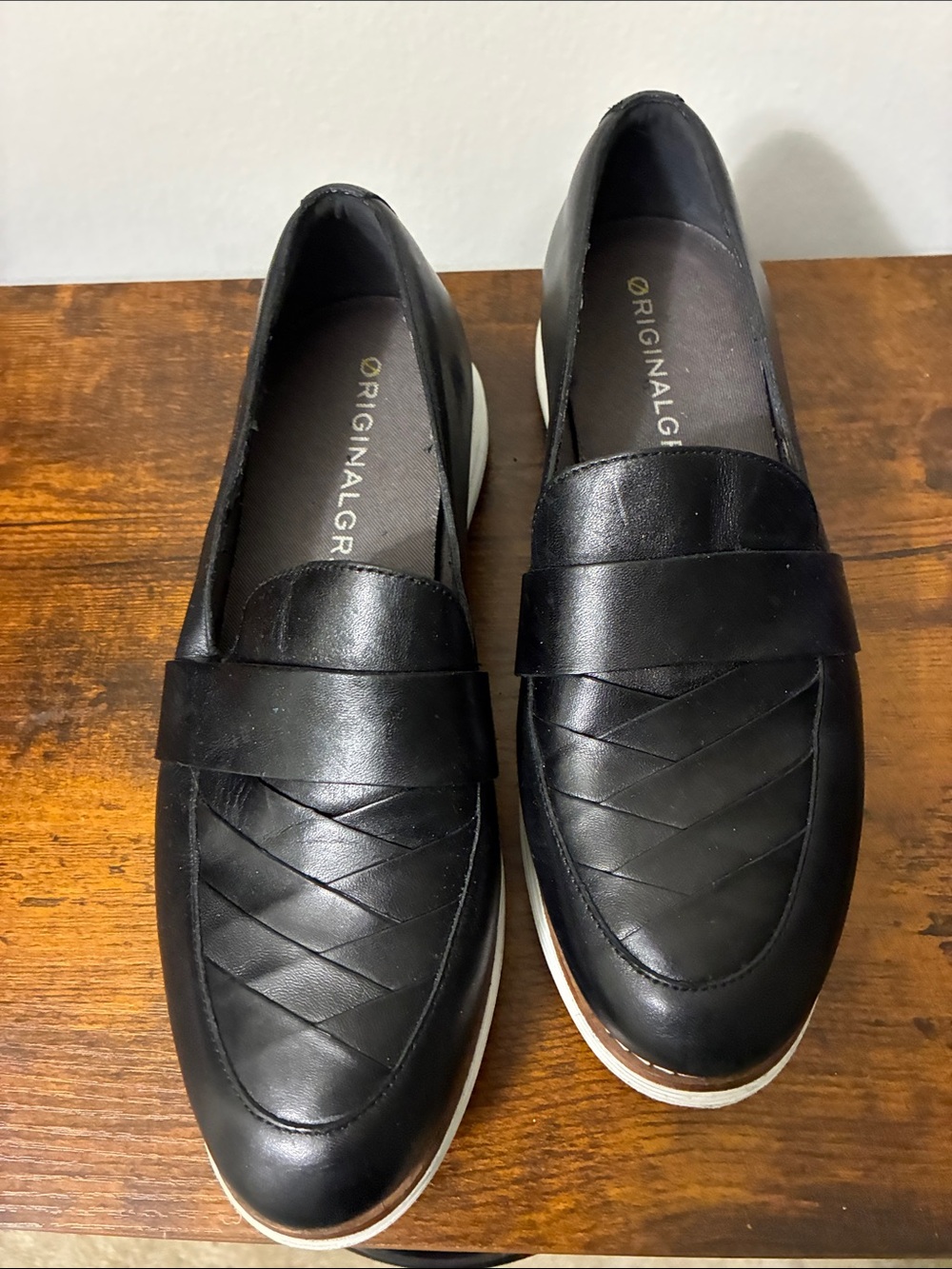 Cole Haan women’s Black Leather Woven Vamp Loafers